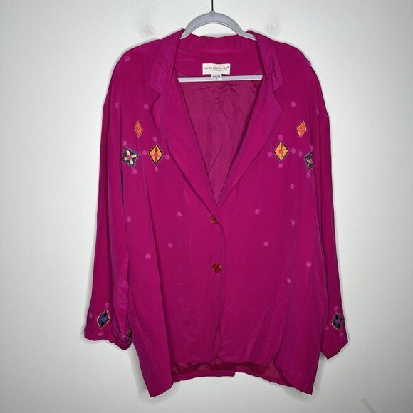 Adam Douglass Vintage Silk‎ Blazer Womens XL Embroidered Beaded Pink Boho 90s - Picture 12 of 16